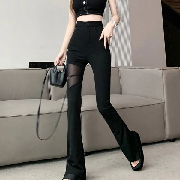 Trendy Black High Waist Hollow Mesh Pants