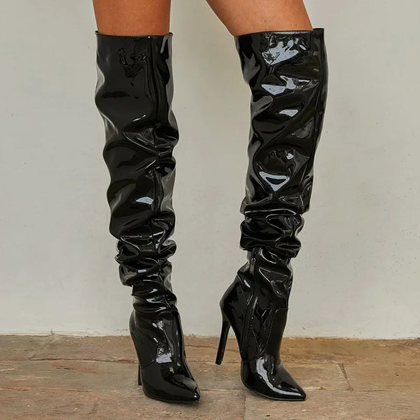 Trendy Over The Knee Pointed Patent Faux Leather Heel Boots