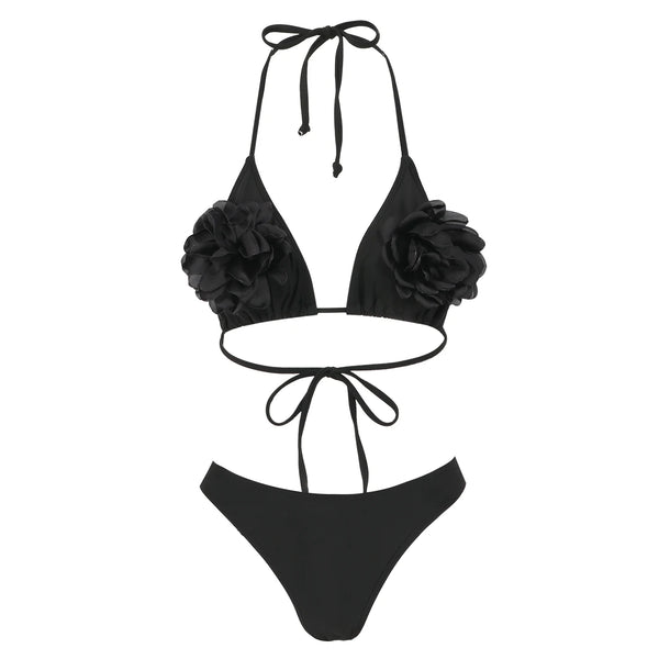 Trendy High Waist Bandage Flower Bikini Set