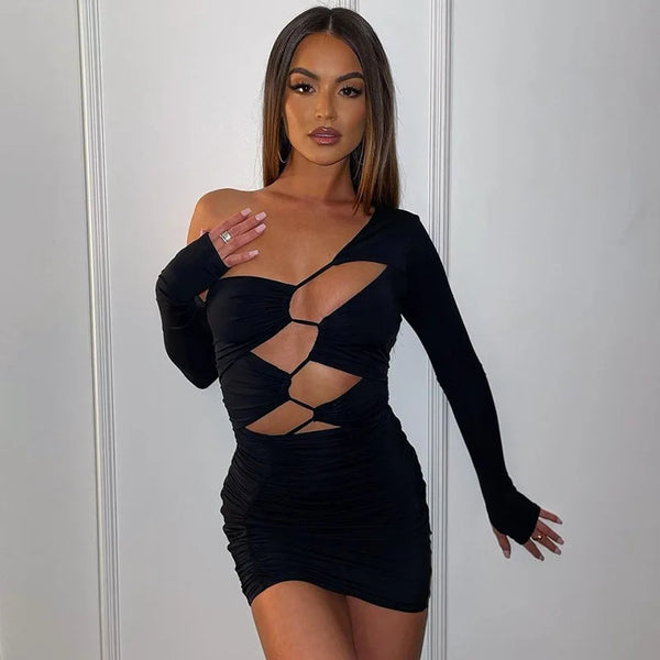 Trendy Black Long Sleeve Bandage Mini Party Dress