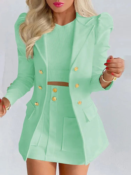 Trendy Two Piece Puff Sleeve Blazer And Skirt Set