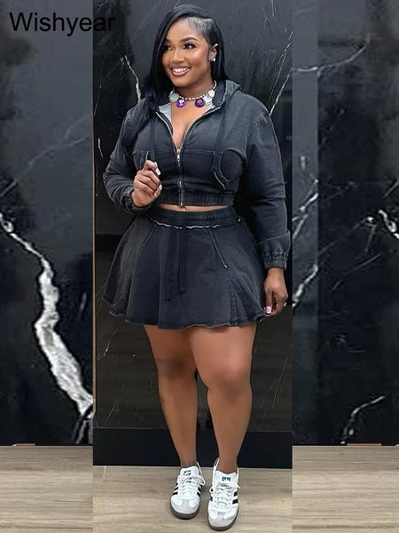 Trendy Denim Stoned Washed Crop Jacket And Pleated Skirt