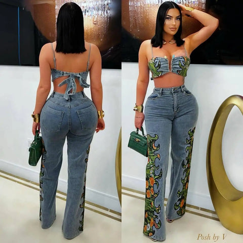 Trendy Floral Crop Top And Bottom High Waist Denim Set