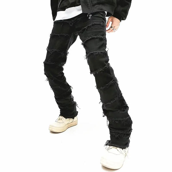 Trendy Black Patchwork  Stacked Men Jeans