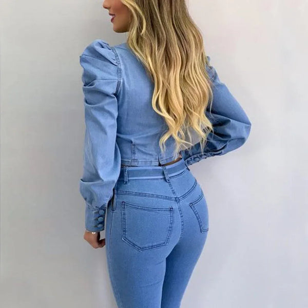 Trendy Puff Sleeve Denim Corset Top