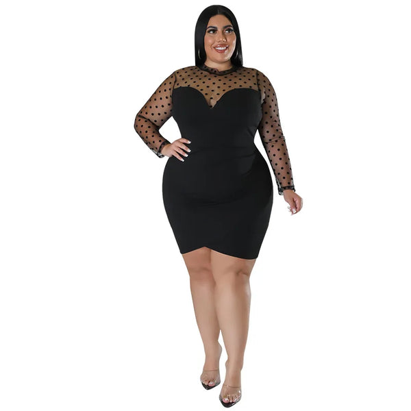 Trendy Plus Size Long Sleeve Polka Dot Mesh Dress