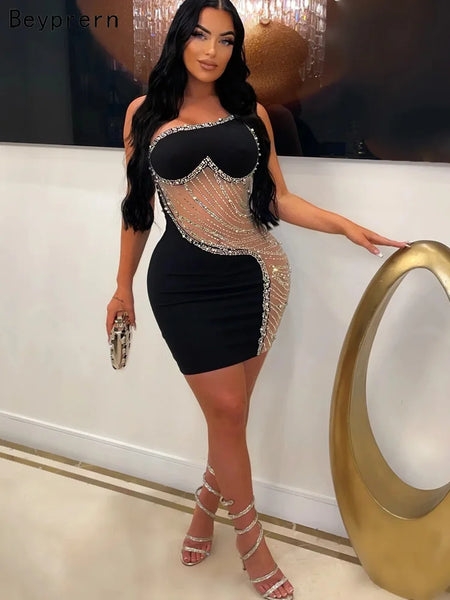 Trendy Mesh Pearls Rhinestone Party Dress