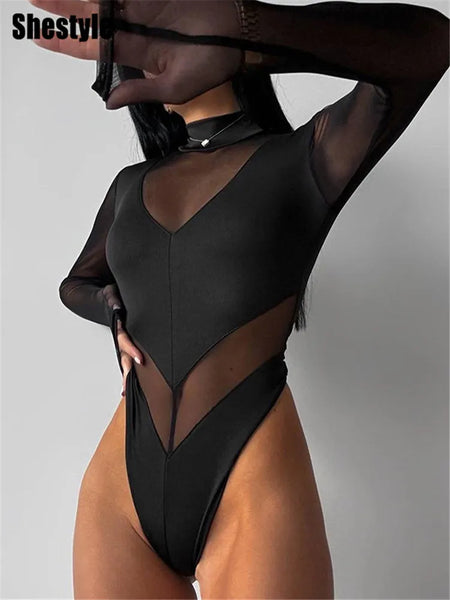 Trendy Patchwork  Mesh Transparent Bodysuit