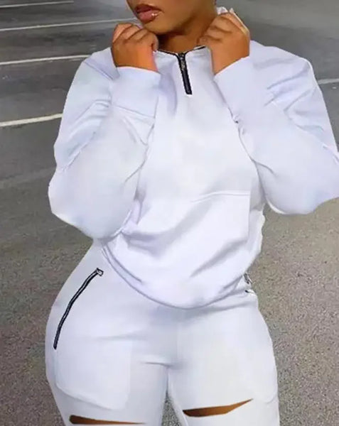 Trendy Two Piece Hollow Out Pants And Jacket With Zippers Set