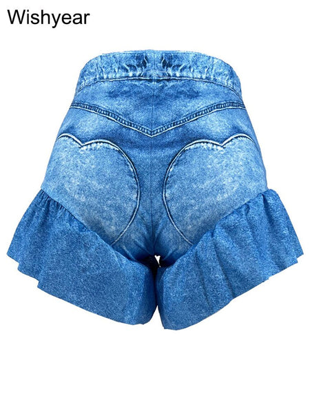 Wishyear Summer Fashion High Waist Elastic Printed Ruffles Shorts for Women Sexy Party Club Rave Mini Pants Trousers Streetwear