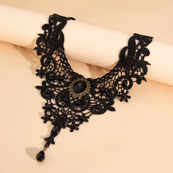 Trendy Black Pendant Lace Bead Gothic Inspired Necklace