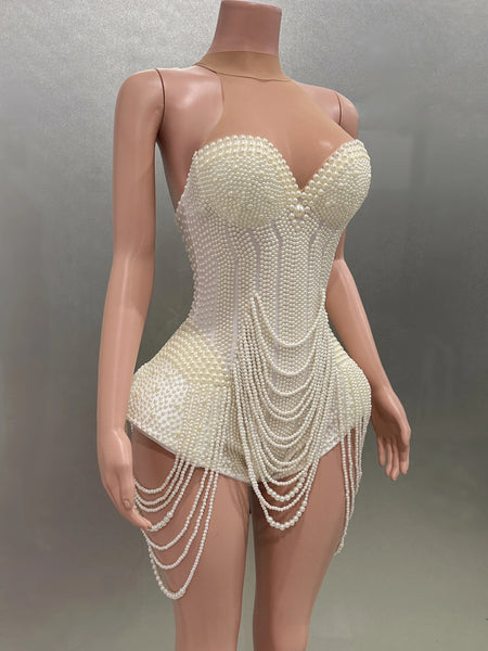 Trendy Pearl Halter Backless Bodysuit