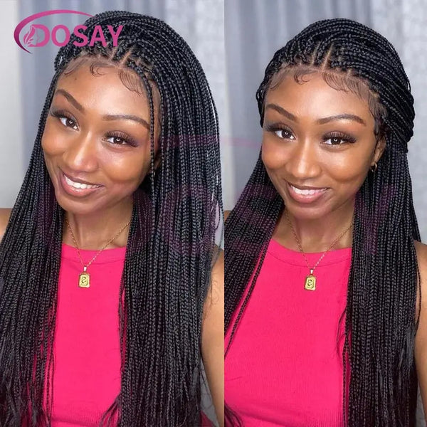 36Inch Burgundy Synthetic Long Box Braided Wig Full Lace Straight Knotless Cornrow Braid with Baby Hair for Women