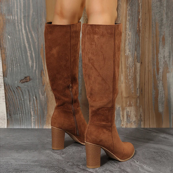 Trendy Western Leather Knee High Heel Boots