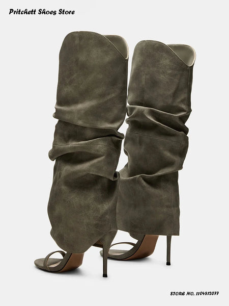 Trendy Pleated Stiletto Open Toe High Heel Boots