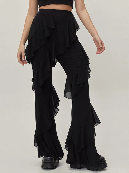 Trendy High Waist Ruffled Solid Black Pants