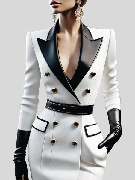 Trendy White & Black Blazer Jacket Mini Dress With Belt