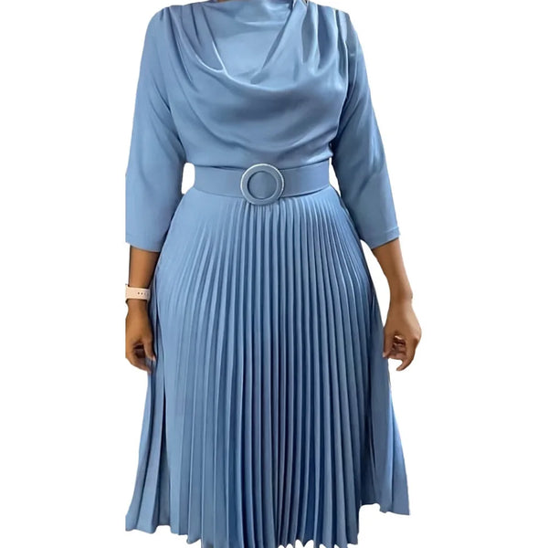 Trendy Pleated Long Sleeve Dress With Belt