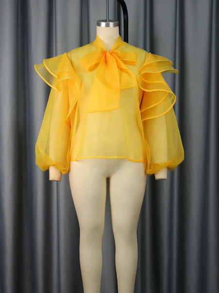 Trendy Yellow Mesh Tulle Bowtie Ruffle Blouse