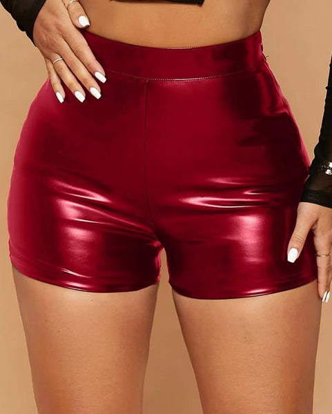 Women&#39;s Shorts 2023 Summer Fashion Sexy Buckled High Waist Plain Skinny Daily Above Knee Pu Leather Shorts Above Knee