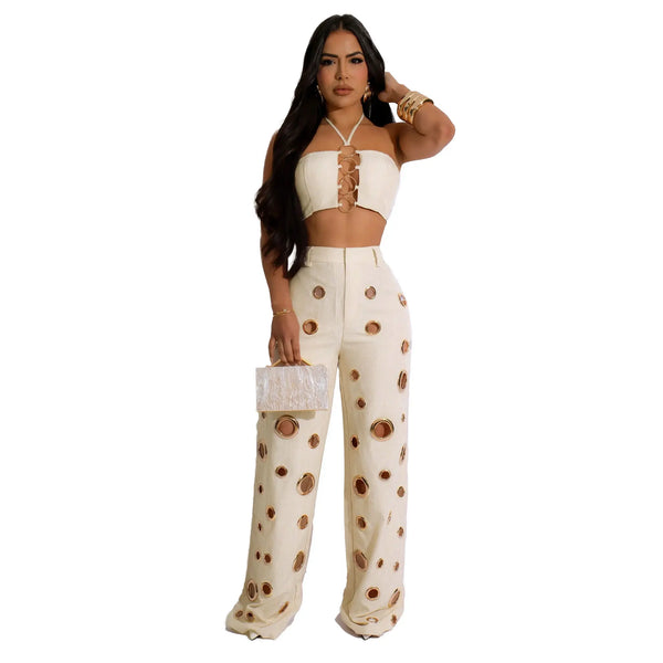 Trendy Hollow Out Two Piece Crop Top And Bottom Pants Set