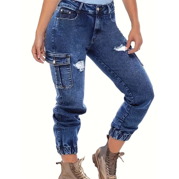 Trendy Cuffed Jogger Large Pocket Denim Jeans