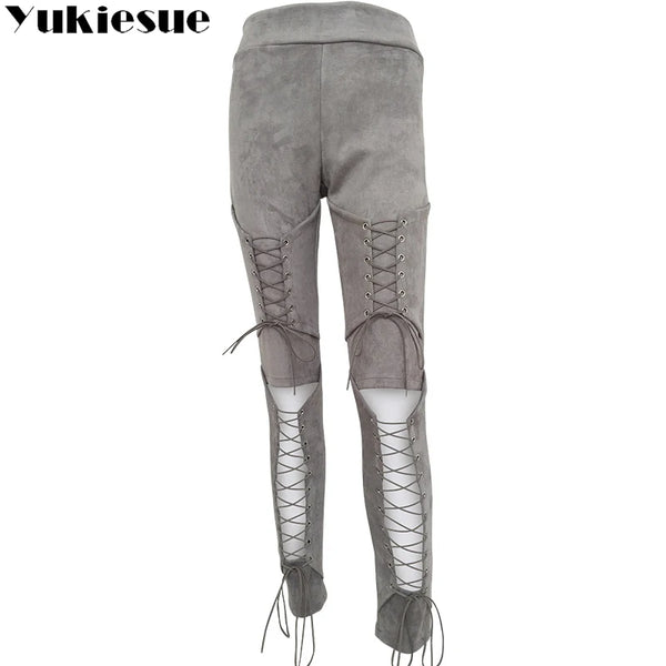 Trendy Laced Faux Suede High Waist Pants