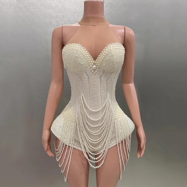 Trendy Pearl Halter Backless Bodysuit