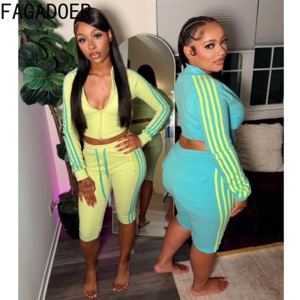 FAGADOER Y2K Trendy Color Block Striped 2 Piece Sets Women Casual Zipper Top Pocket Patchwork Drawstring Bodycon Shorts Suits