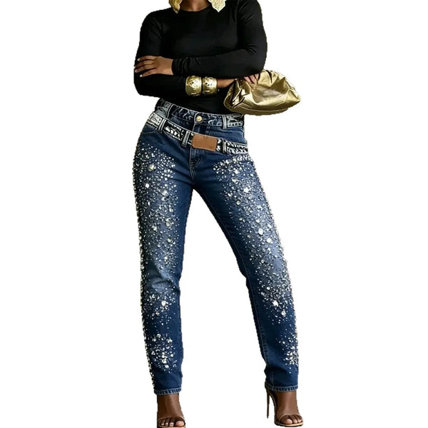 Trendy High Waisted Rhinestone Embellished Jeans