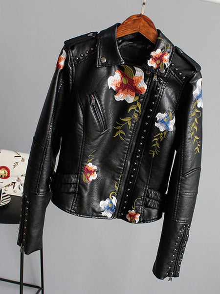 Trendy  Faux Leather Floral Print Jacket