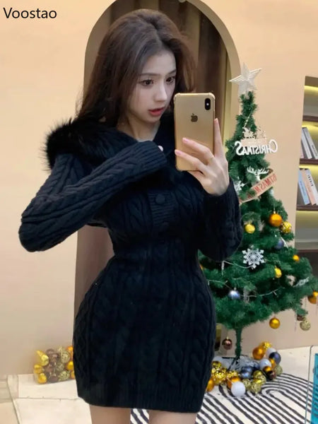 Trendy Fur Hooded Knitted Mini Party Dress