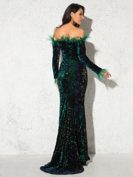 Trendy Sequin Feather Velvet Party Mermaid Dress