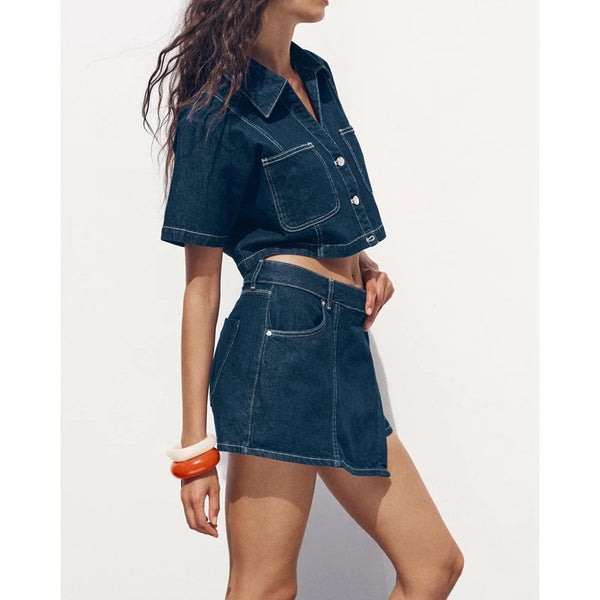 Trendy Denim Scooter Skirt  With Retro Crop Top