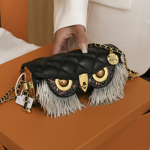 Trendy Night Owl Tassel Crossbody Leather Handbag