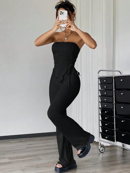 Trendy Two Piece Ruffle Crop Top And Pants Set