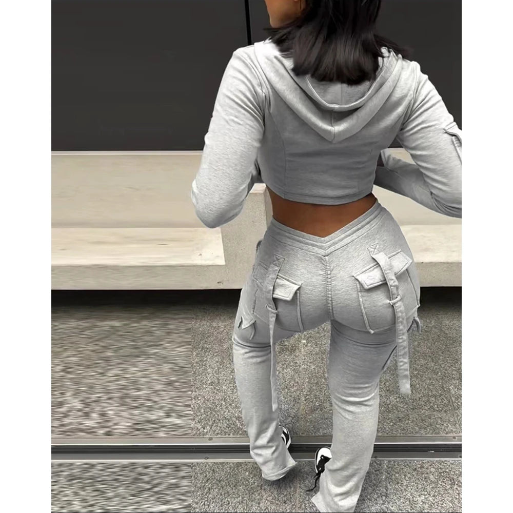 Trendy Hooded Casual Crop Jacket And Pants Set