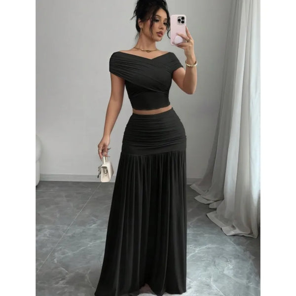 Trendy Pleated Skirt With Off The Shoulder Hollow Out Top