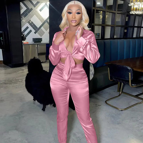 Trendy Satan Lace Up Crop Top And Bottom Pants Set