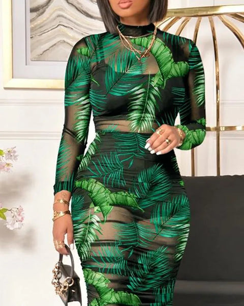 Trendy Three Piece Crop Top And Bottom With Mesh Floral Green Dress