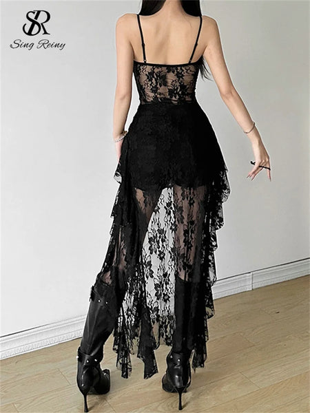 Trendy Mesh Cami Floral Lace Maxi Long Style Dress