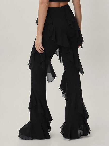 Trendy High Waist Ruffled Solid Black Pants