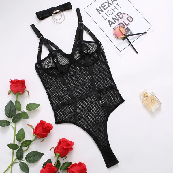 Trendy Mesh Lingerie Bodysuit With Open Crotch