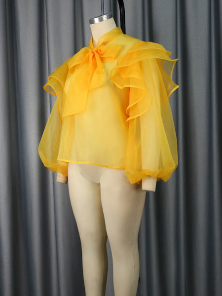 Trendy Yellow Mesh Tulle Bowtie Ruffle Blouse