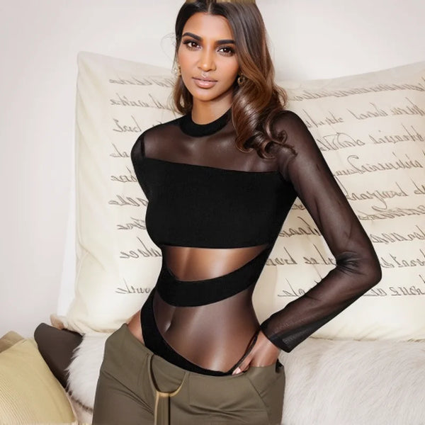 Trendy Black Cross Cut Mesh Bodysuit
