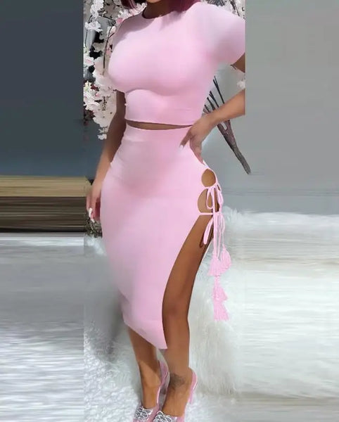 Trendy Pink Hollow Out Skirt And Crop Top Set