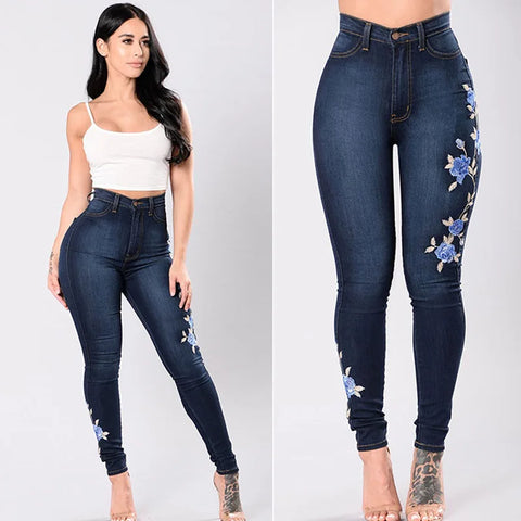 Trendy High Waist Floral Embroidered Denim Blue Jeans