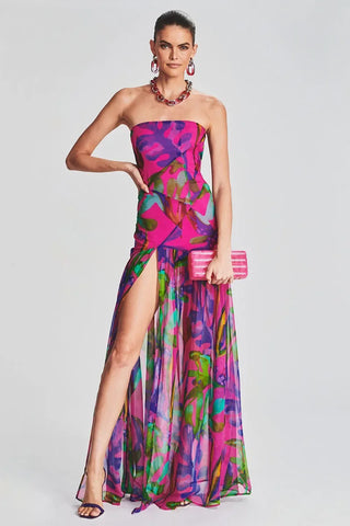 Trendy Dynamic Printed Maxi Strapless Dress
