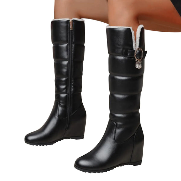 Trendy Solid Puff Leather Knee High Wedge Boots