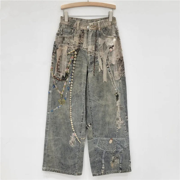 Lace Pearl Chain 3D Printed Wide Leg Jeans, Women Loose Straight-leg Trousers, Fashion Street Wear